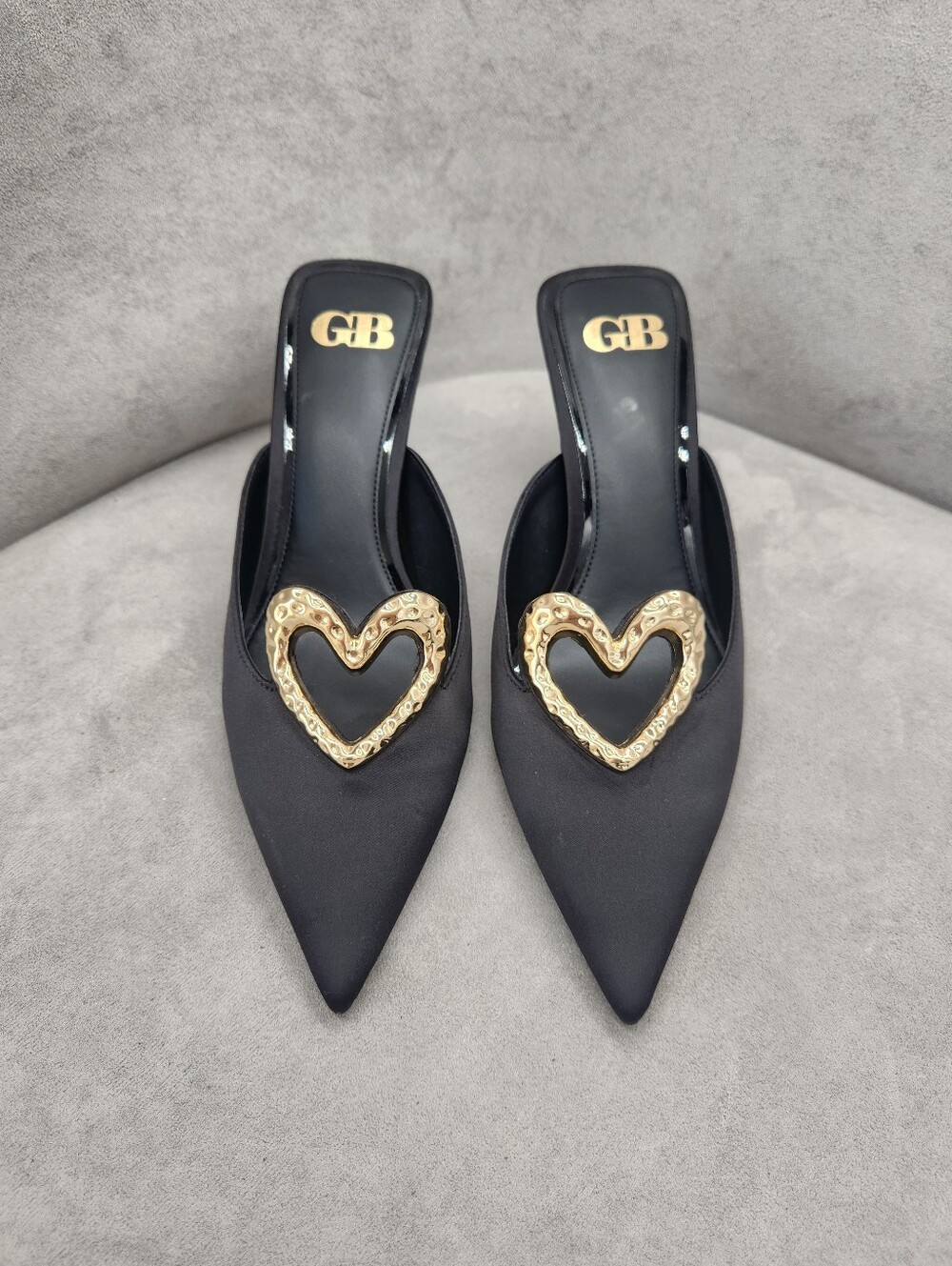 Gianni Bini Heeled Mules 9 Black Satin Heart Eyelets Pointy Toe Dress New $130